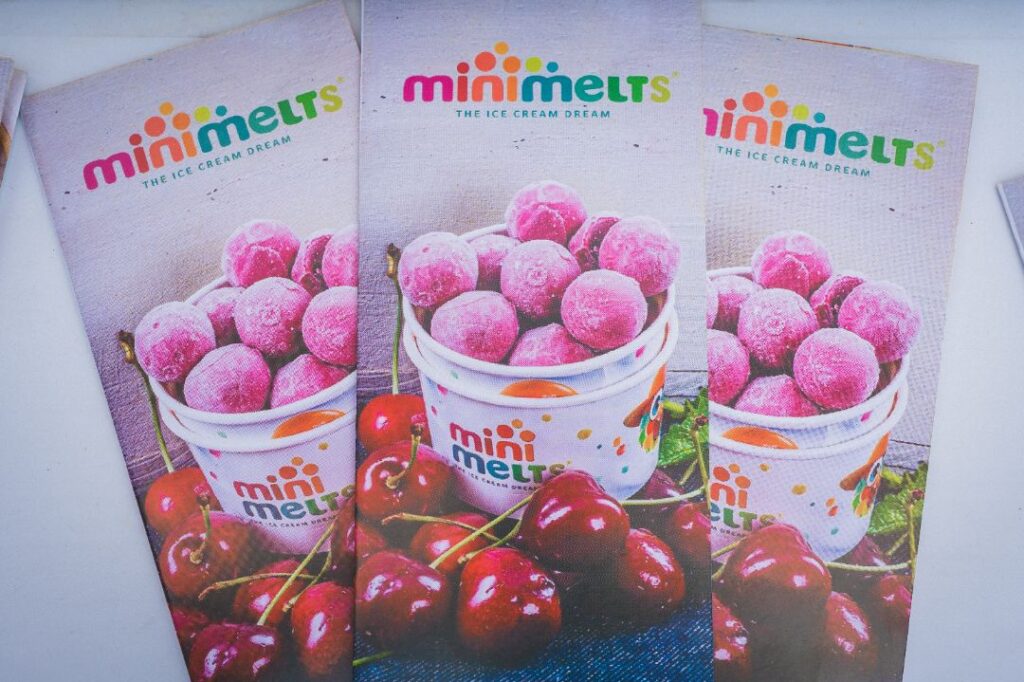 Mini Melts-ის ფერადი საინფორმაციო ბუკლეტები ალუბლის არომატის ნაყინის გამოსახულებით.